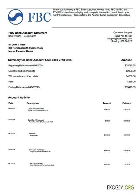 Modèle Word et PDF de relevé de compte bancaire FBC du Zimbabwe